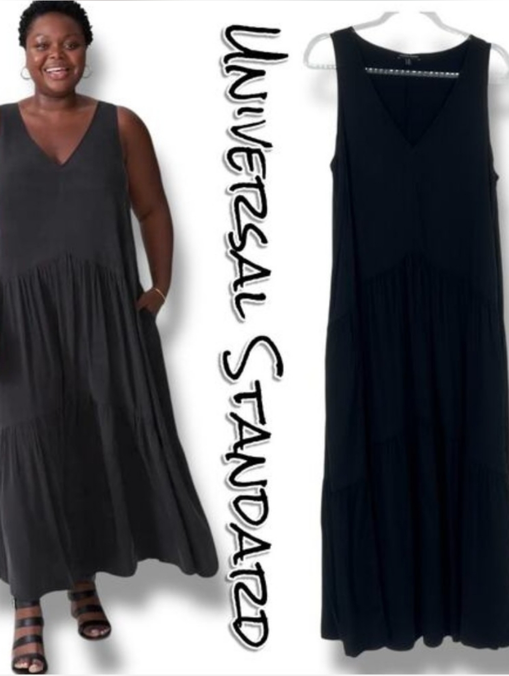 Universal Standard Emily Cupro Maxi Dress Black Sleeveless V-Neck Womens Size S